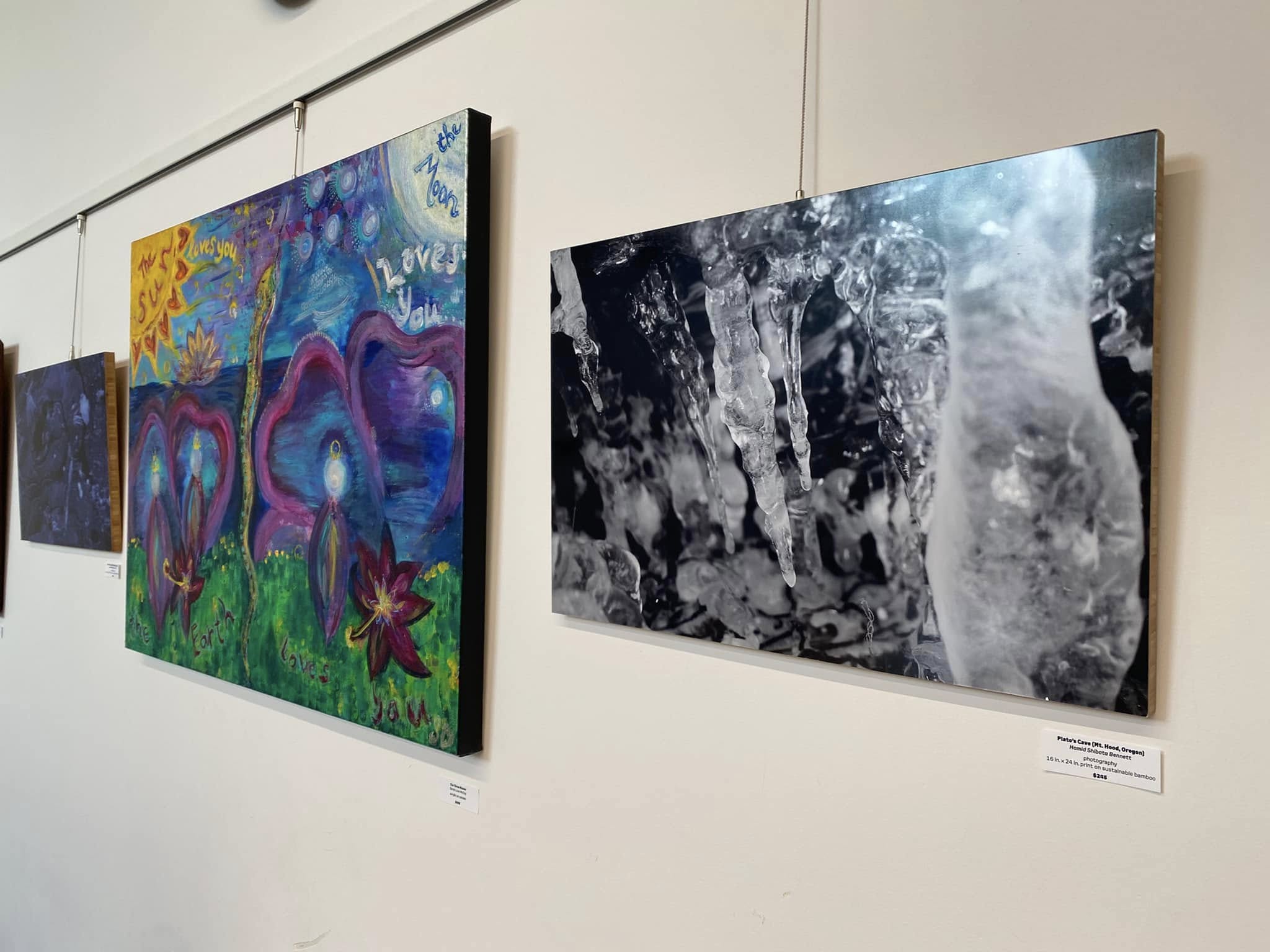 Artworks hanging on a white wall
