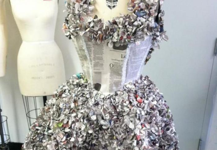 Dress made from newspaper and other recycled materials