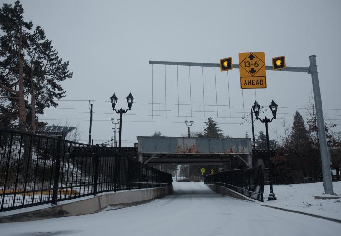 Main St rail trestle covered in snow