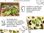 Nature Art: Supplies: paper, glue/tape, natural treasures, drawing tools (optional).  1. Collect a variety of leaves, sticks, a