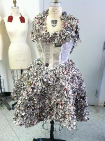 Dress made from newspaper and other recycled materials