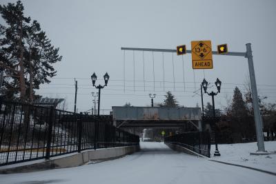 Main St rail trestle covered in snow