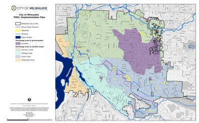 TMDL Implementation Map of waterways and stormwater discharge points in Milwaukie.