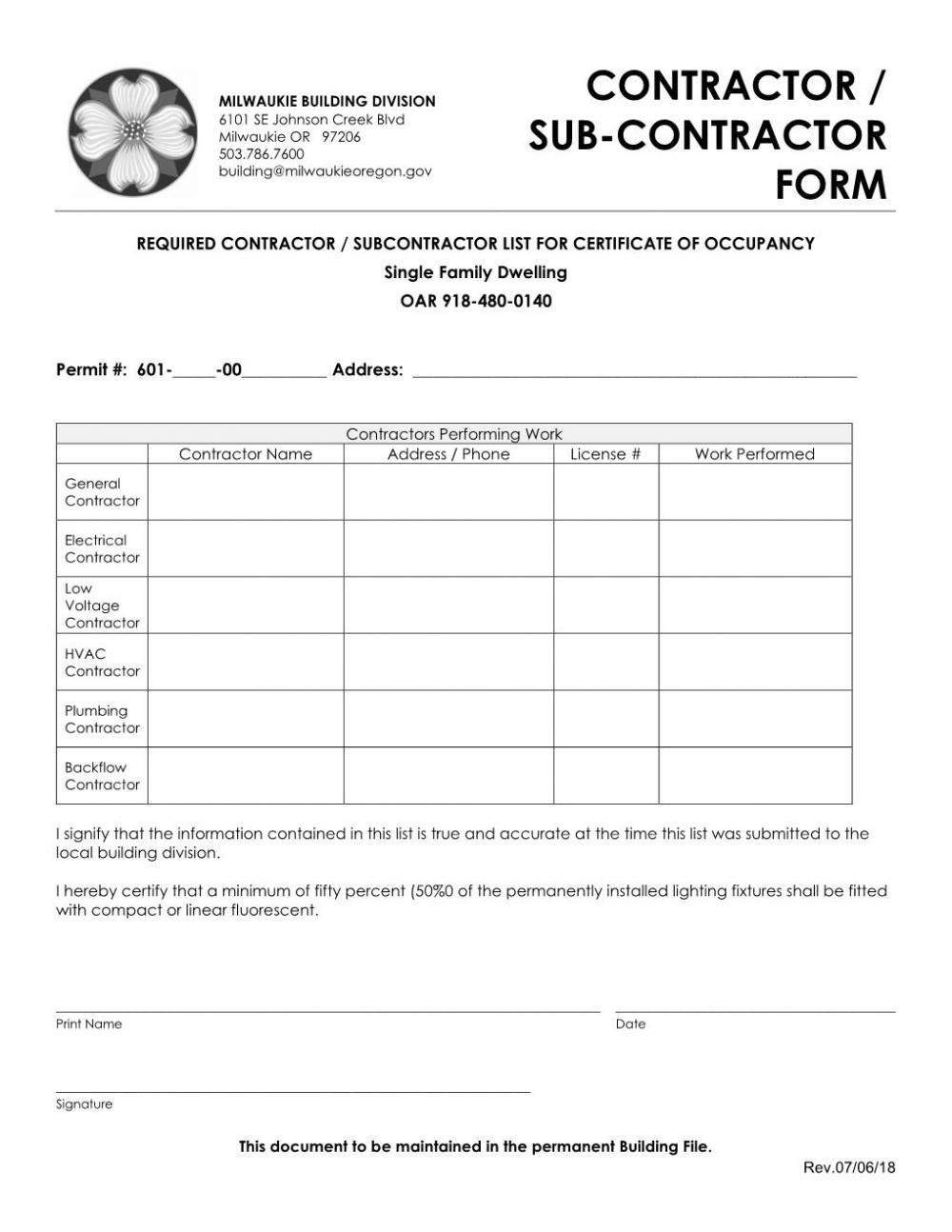 SubContractor Form City of Milwaukie Oregon Official Website